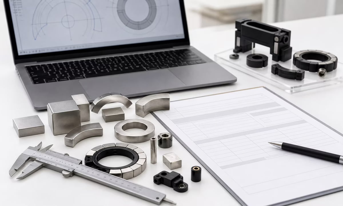 Contact intake desk with magnet samples, CAD reference, calipers, and a blank notes form