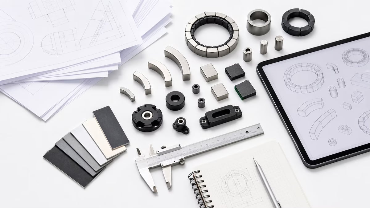Magnet design samples, drawings, and inspection tools on an engineering desk